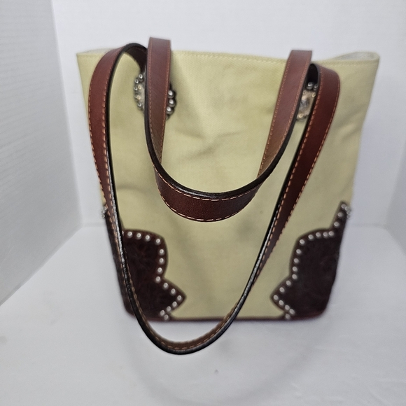 Cream and Brown Western Tote with Leather Accents - Picture 11 of 14